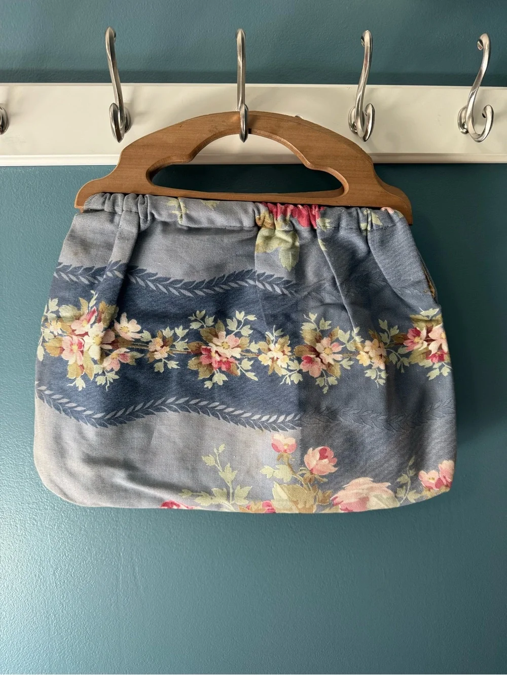 Floral Purse/sewing bag with wooden handle